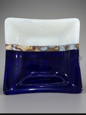 Murano Style Art Glass Dish 6” Cobalt Blue White Fused Glass Trinket Plate MCM